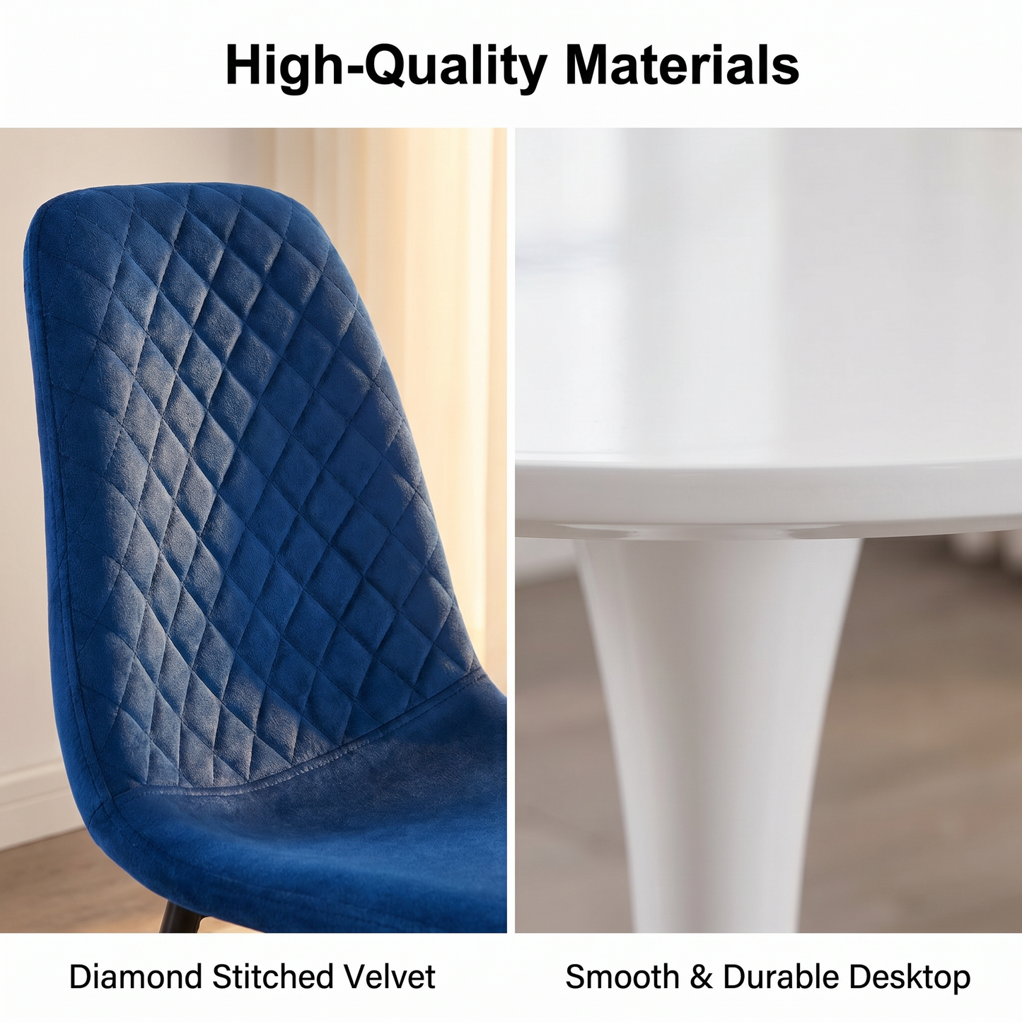DEJINBU 3pcs Table Set 1x 80CM White Tulip Table With 2x Blue Velvet Dining Chair For Home Cafe Office