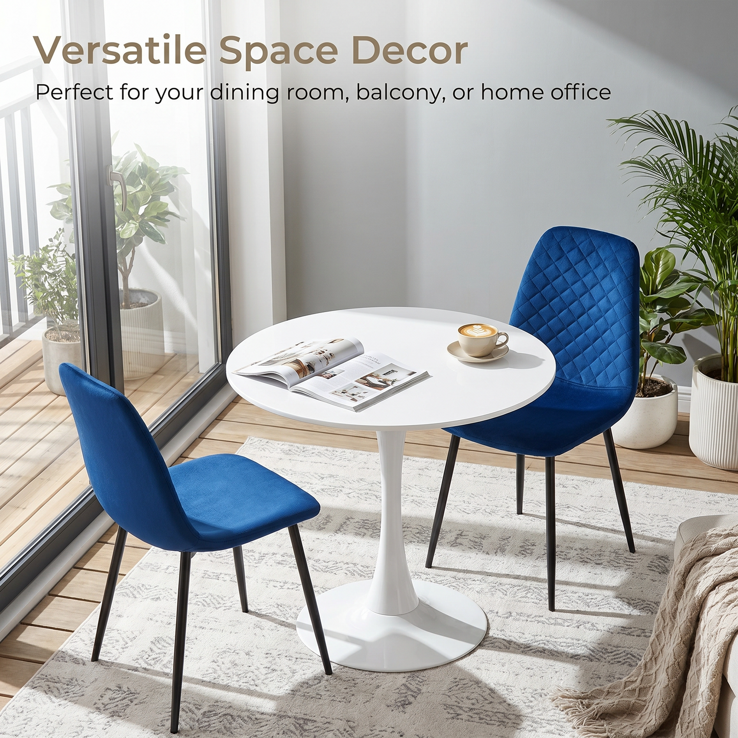DEJINBU 3pcs Table Set 1x 80CM White Tulip Table With 2x Blue Velvet Dining Chair For Home Cafe Office