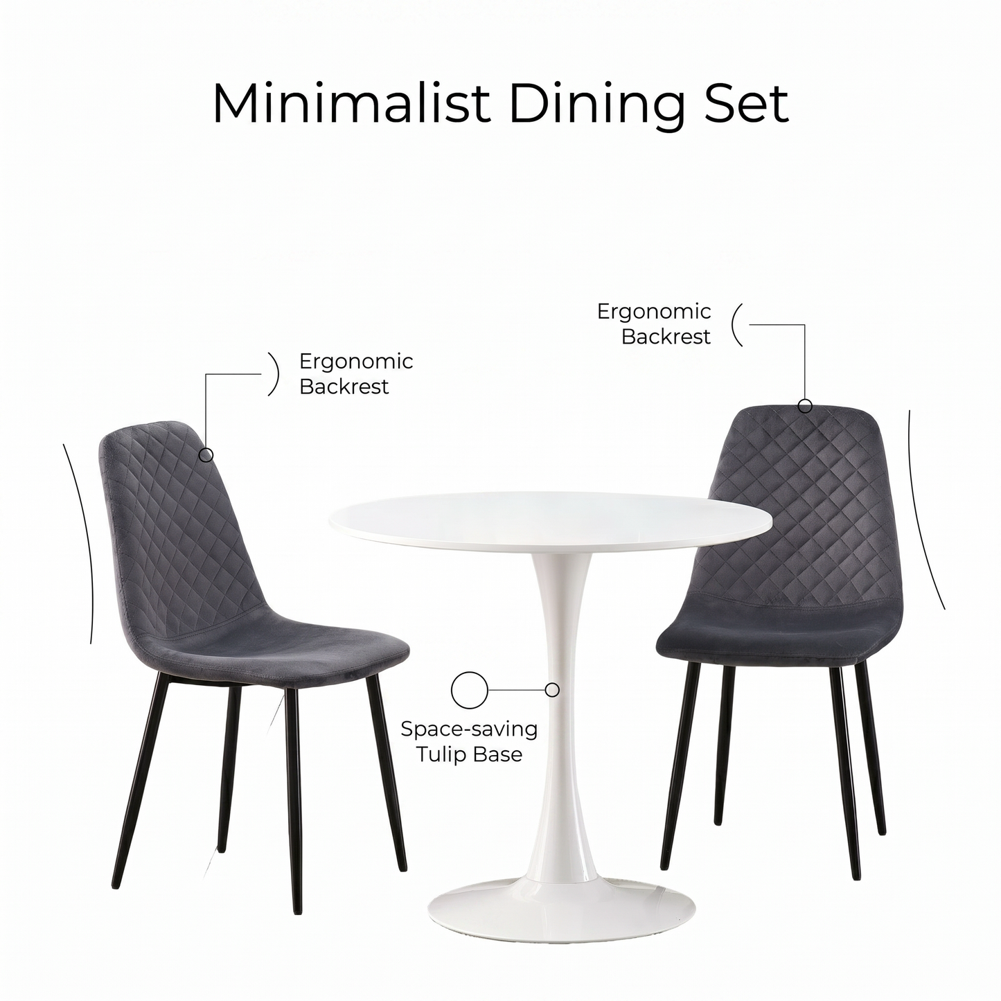 DEJINB 3pcs Table Set 1x 80CM White Tulip Table With 2x Grey Velvet Dining Chair For Home Cafe Office
