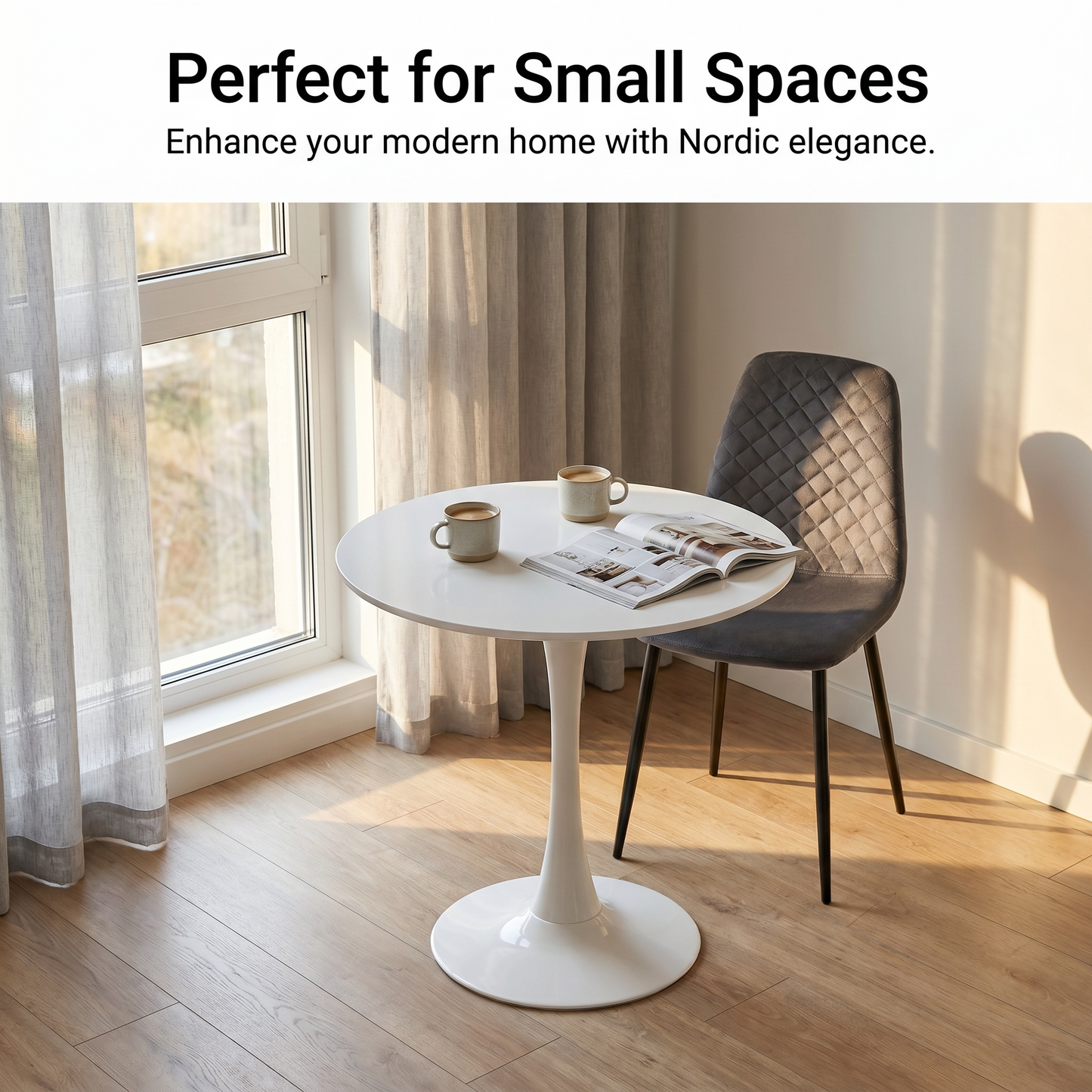 DEJINB 3pcs Table Set 1x 80CM White Tulip Table With 2x Grey Velvet Dining Chair For Home Cafe Office