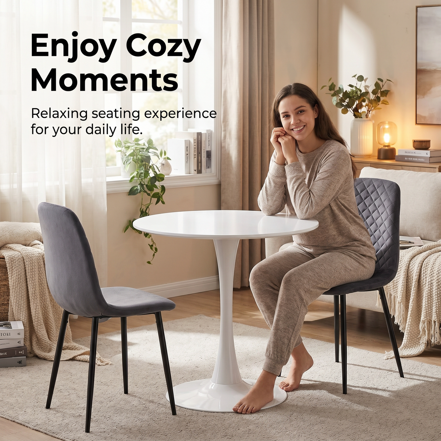 DEJINB 3pcs Table Set 1x 80CM White Tulip Table With 2x Grey Velvet Dining Chair For Home Cafe Office