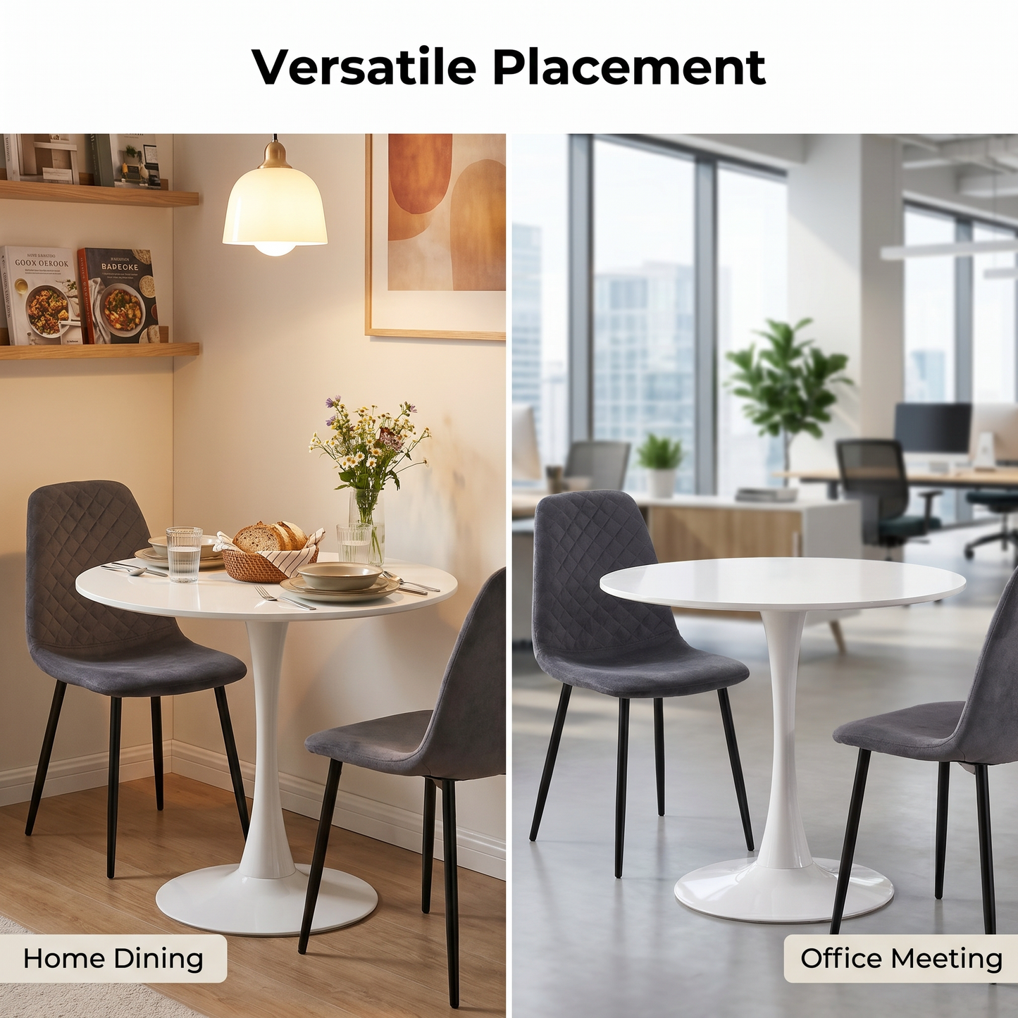 DEJINB 3pcs Table Set 1x 80CM White Tulip Table With 2x Grey Velvet Dining Chair For Home Cafe Office