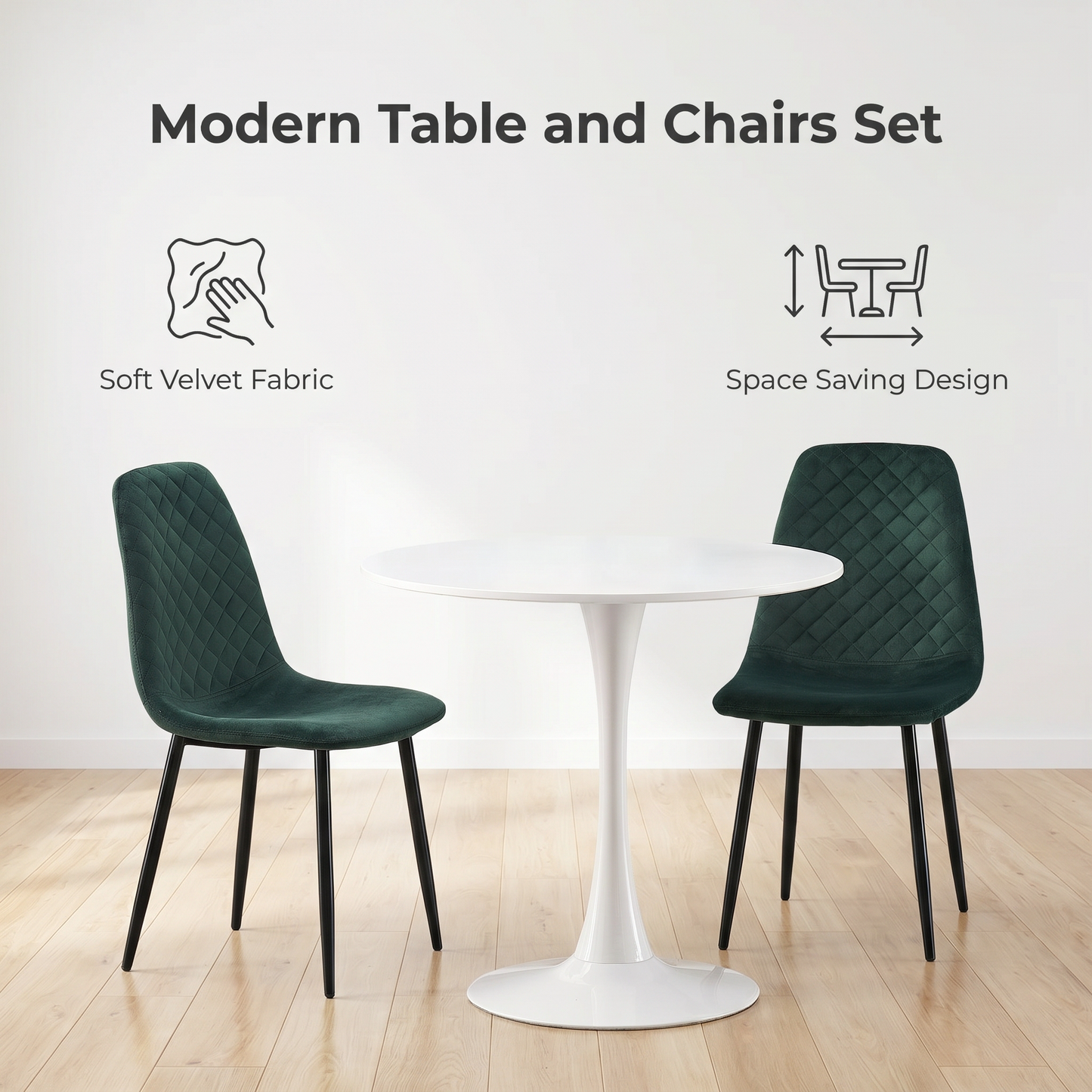 DEJINB 3pcs Table Set 1x 80CM White Tulip Table With 2x Green Velvet Dining Chair For Home Cafe Office