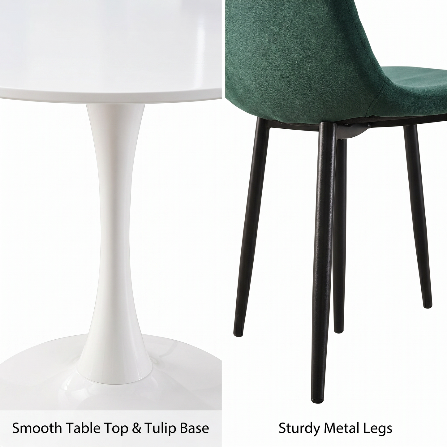 DEJINB 3pcs Table Set 1x 80CM White Tulip Table With 2x Green Velvet Dining Chair For Home Cafe Office
