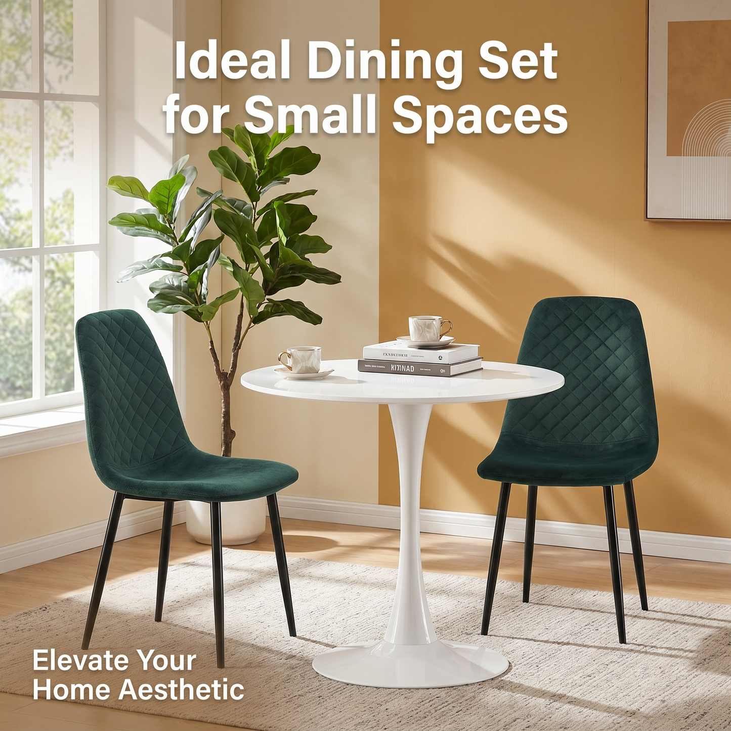 DEJINB 3pcs Table Set 1x 80CM White Tulip Table With 2x Green Velvet Dining Chair For Home Cafe Office