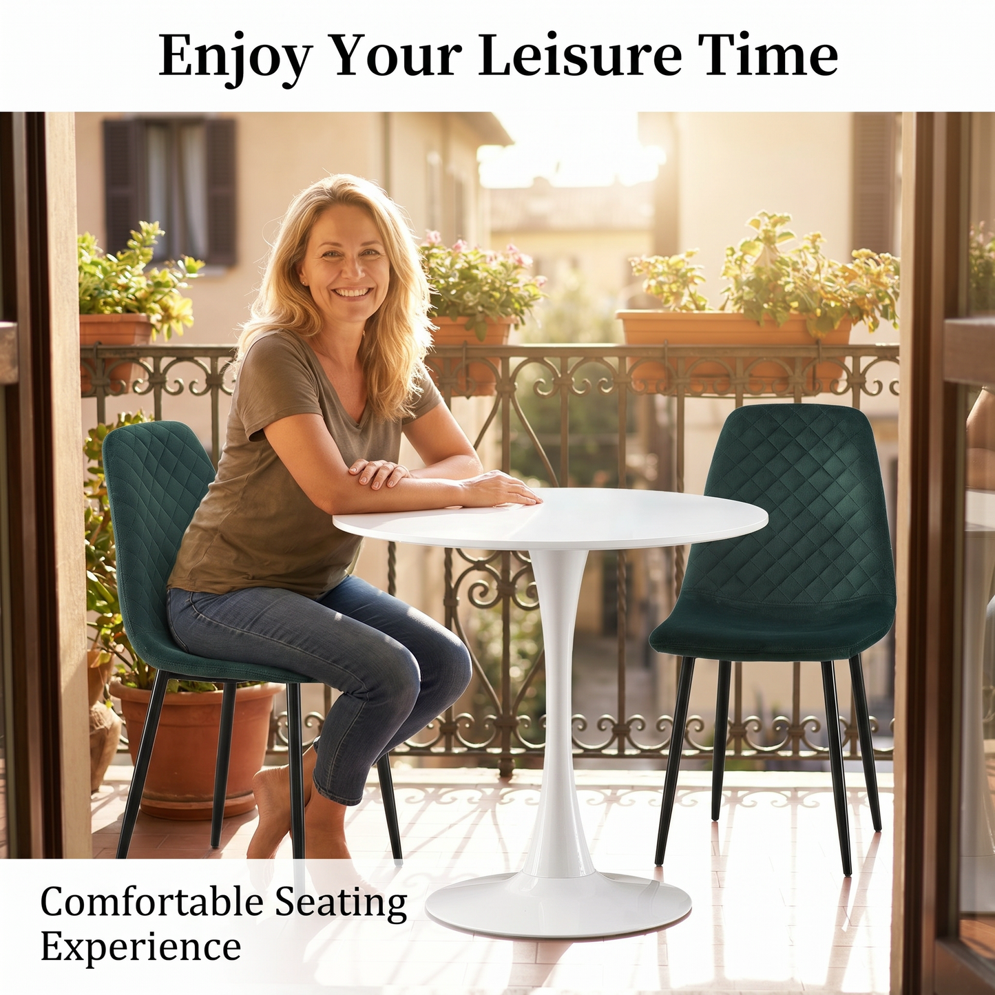 DEJINB 3pcs Table Set 1x 80CM White Tulip Table With 2x Green Velvet Dining Chair For Home Cafe Office