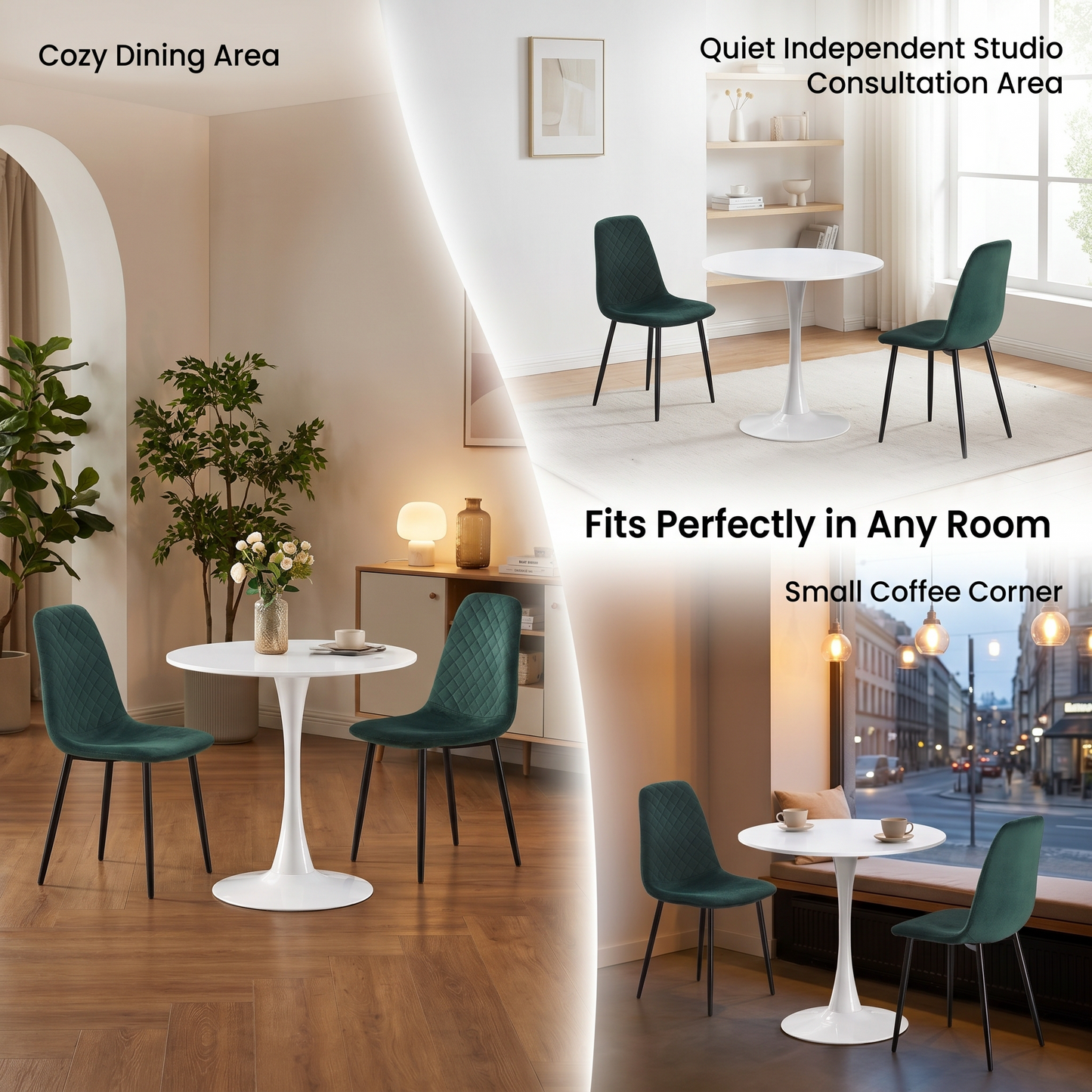 DEJINB 3pcs Table Set 1x 80CM White Tulip Table With 2x Green Velvet Dining Chair For Home Cafe Office