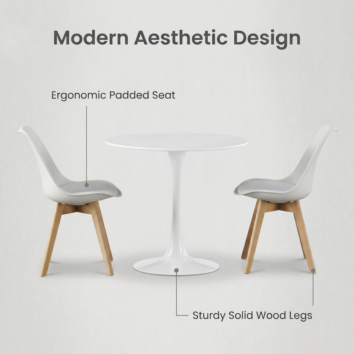 DEJINBU 3pcs Table Set 1x 80CM White Tulip Table With 2x White PP Padded Chair For Home Cafe Office