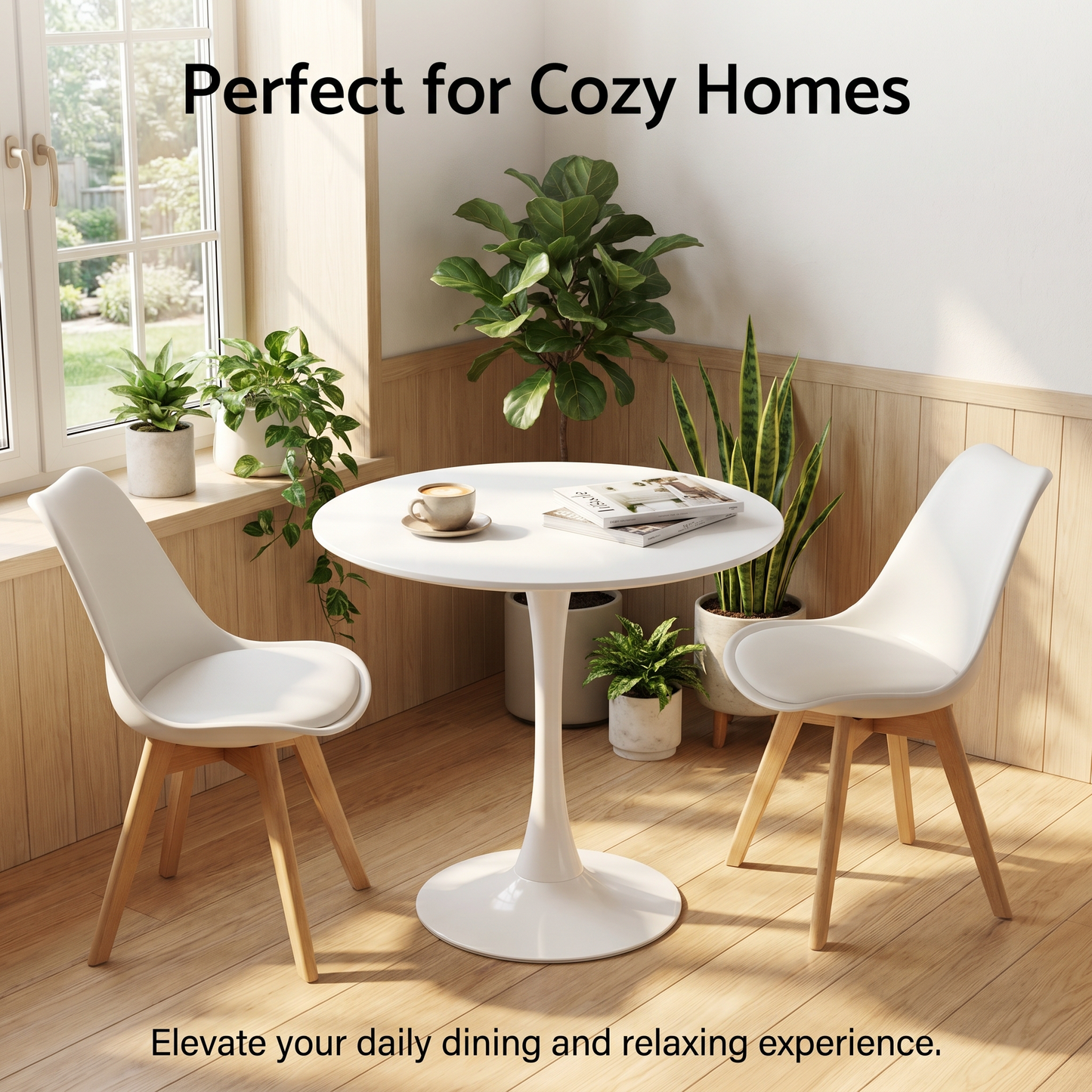 DEJINBU 3pcs Table Set 1x 80CM White Tulip Table With 2x White PP Padded Chair For Home Cafe Office