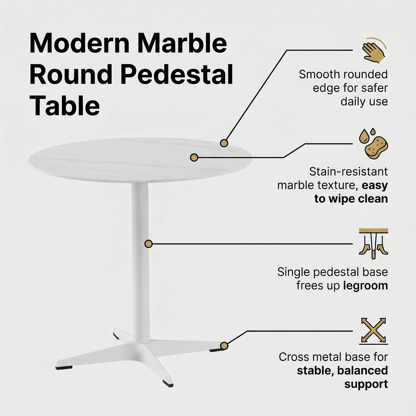DEJINBU 1x 80CM Round table Dining Table White Marble Effect Sintered Stone Table Top White Metal Pedestal White Aluminium Base with Black Rubber feet