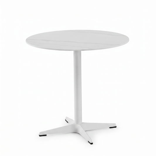 DEJINBU 1x 80CM Round table Dining Table White Marble Effect Sintered Stone Table Top White Metal Pedestal White Aluminium Base with Black Rubber feet