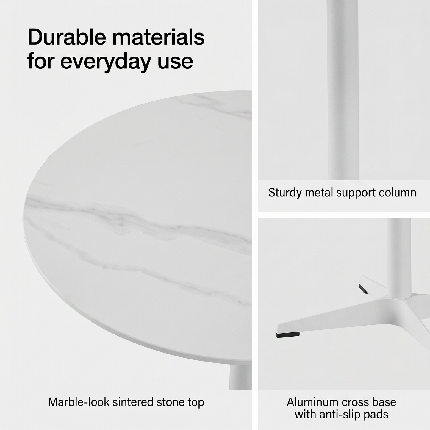 DEJINBU 1x 80CM Round table Dining Table White Marble Effect Sintered Stone Table Top White Metal Pedestal White Aluminium Base with Black Rubber feet