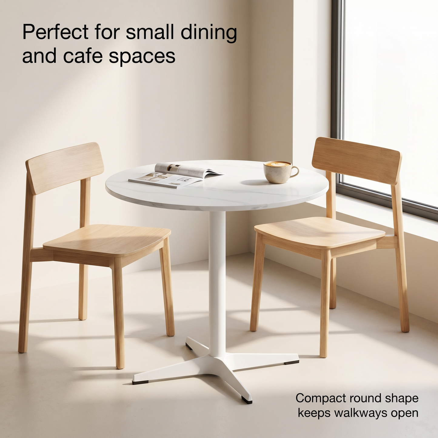 DEJINBU 1x 80CM Round table Dining Table White Marble Effect Sintered Stone Table Top White Metal Pedestal White Aluminium Base with Black Rubber feet