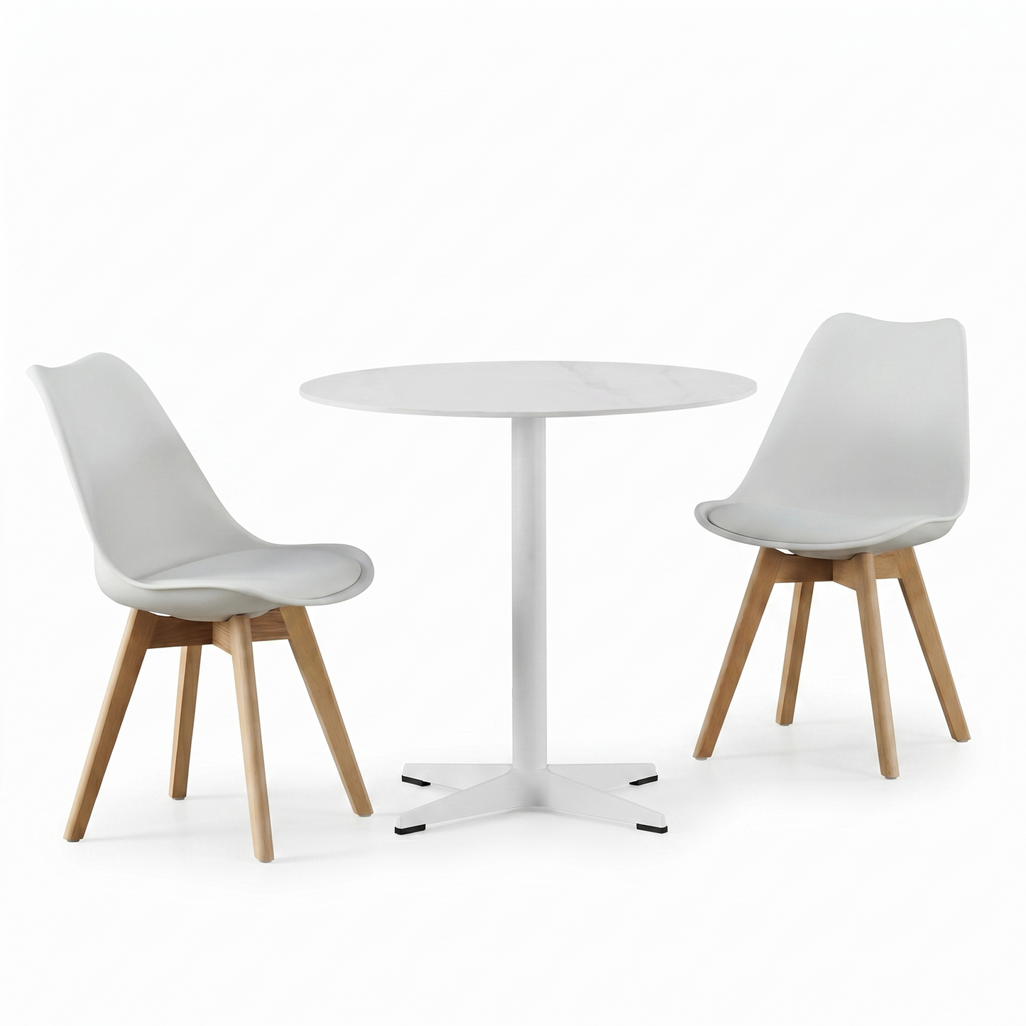 DEJINBU 3pcs Table Set 1x 80CM Faux Marble White Round Table With 2x White PP Padded Chair For Home Cafe Office Apartment