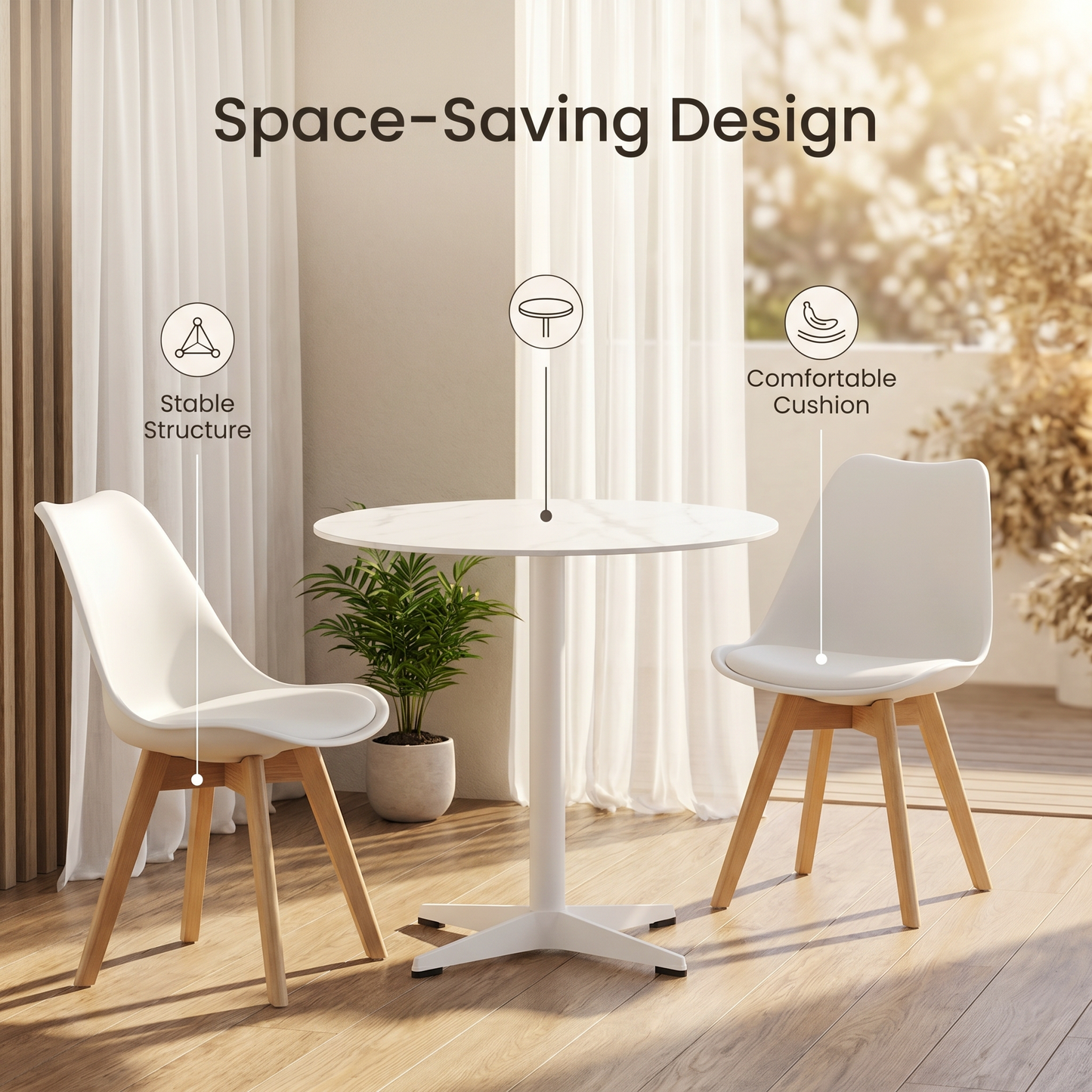 DEJINBU 3pcs Table Set 1x 80CM Faux Marble White Round Table With 2x White PP Padded Chair For Home Cafe Office Apartment