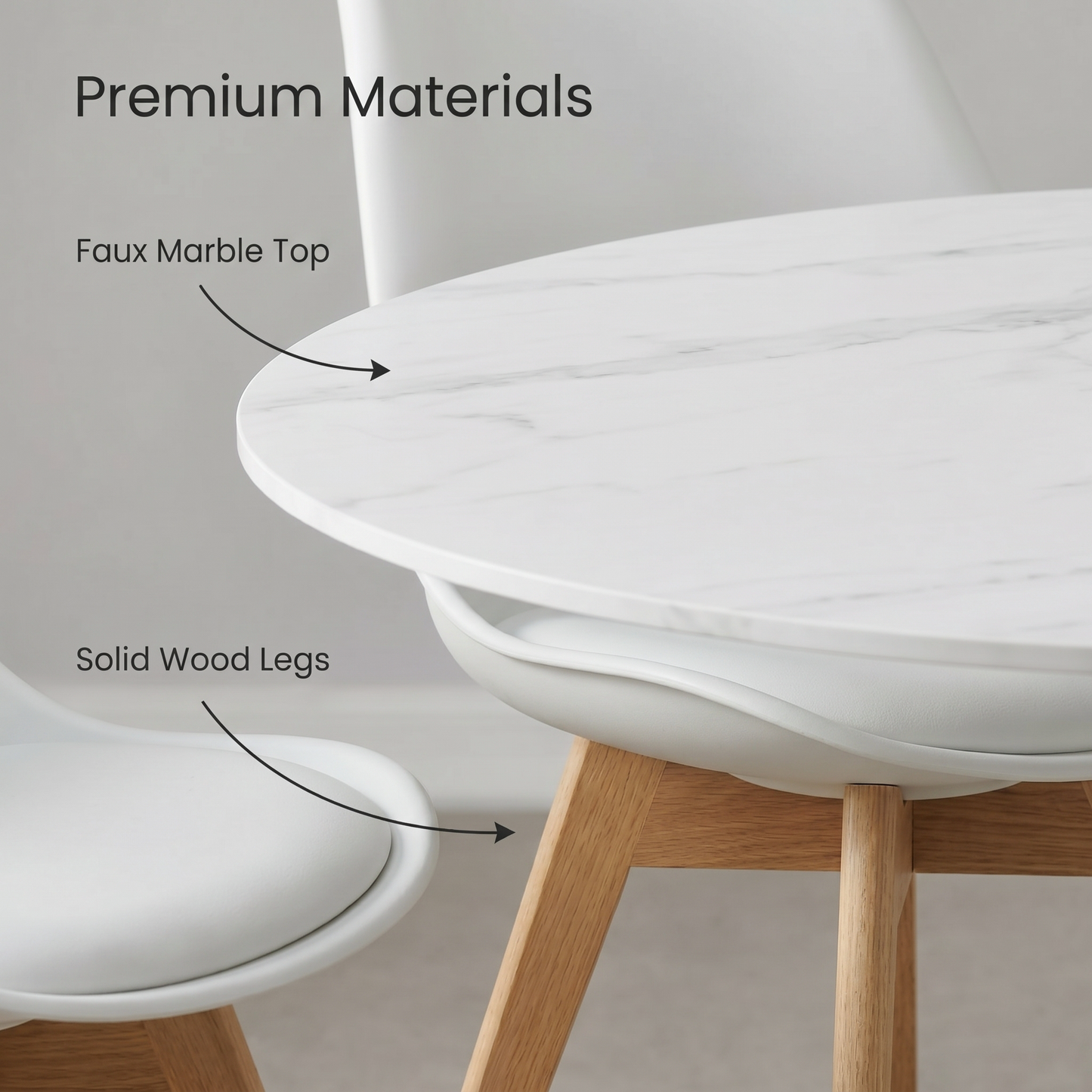 DEJINBU 3pcs Table Set 1x 80CM Faux Marble White Round Table With 2x White PP Padded Chair For Home Cafe Office Apartment