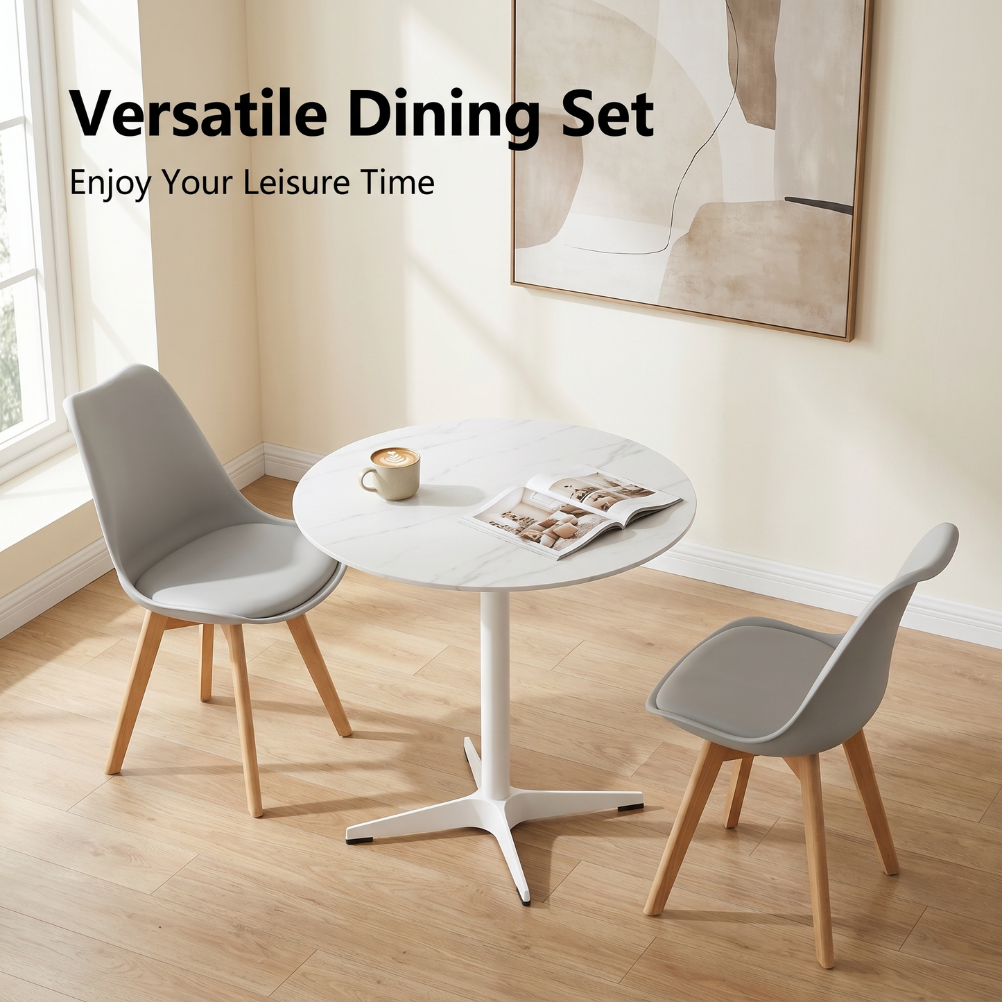 DEJINBU 3pcs Table Set 1x 80CM Faux Marble White Round Table With 2x White PP Padded Chair For Home Cafe Office Apartment