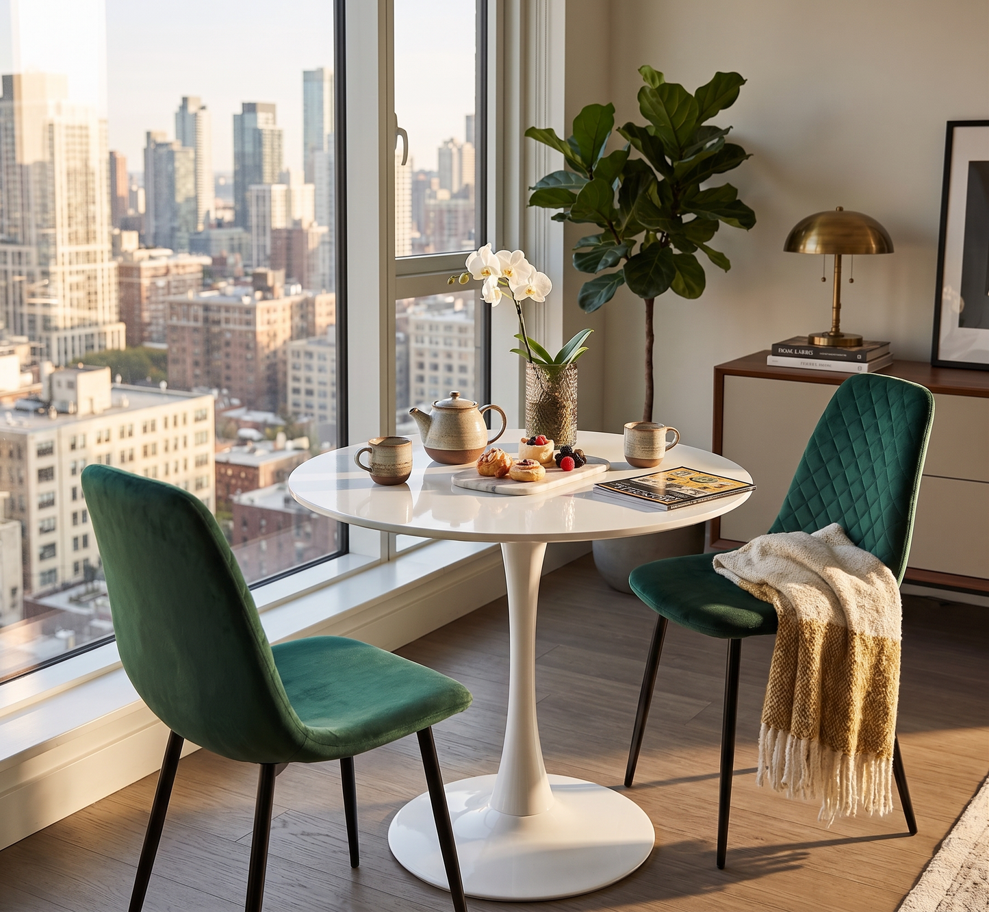 DEJINB 3pcs Table Set 1x 80CM White Tulip Table With 2x Green Velvet Dining Chair For Home Cafe Office