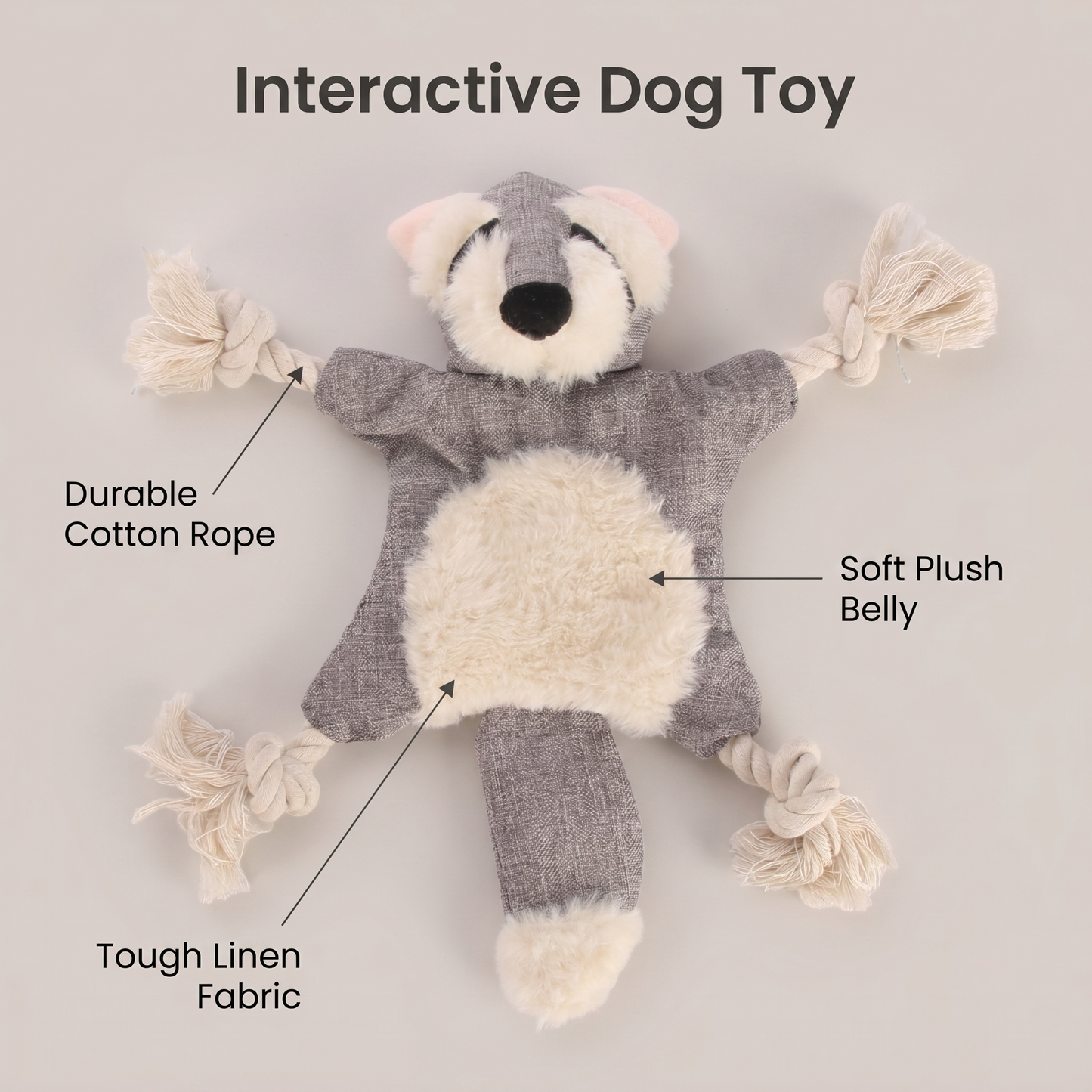 1x Grey Raccoon Squeaky Pet Plush Toy Teething Rope Knot Padded Chew Toy
