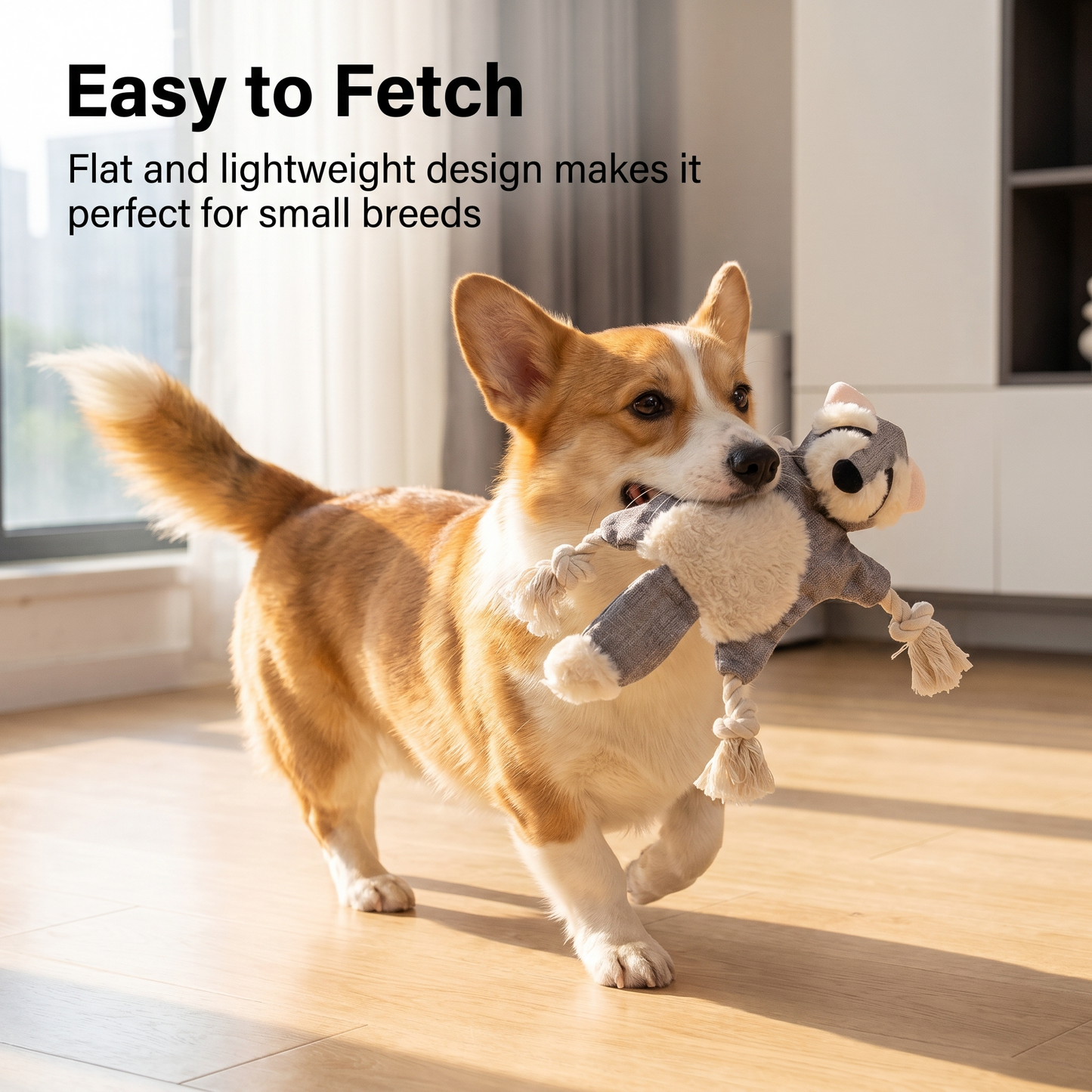 1x Grey Raccoon Squeaky Pet Plush Toy Teething Rope Knot Padded Chew Toy