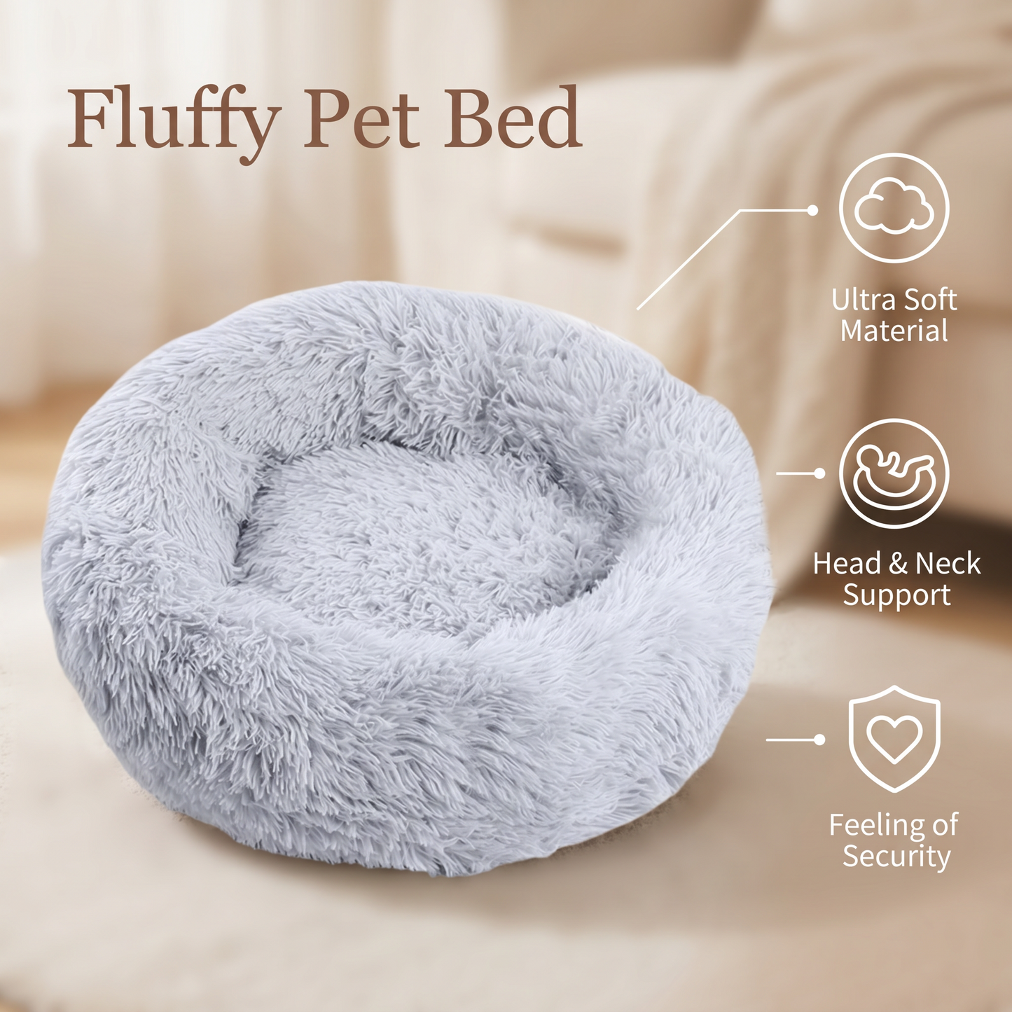1x Grey Plush Round Pet Bed 50cm 60cm 70cm For Dog Cat