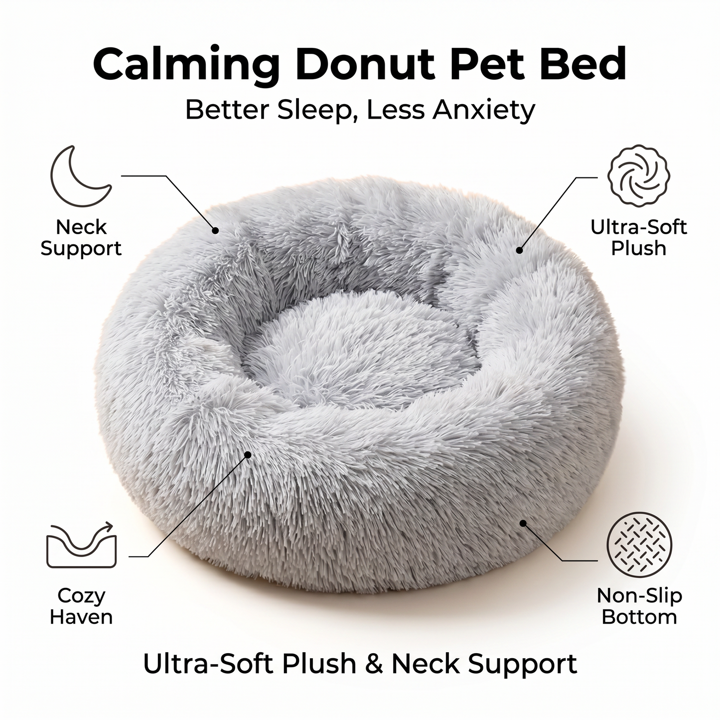 1x Grey Plush Round Pet Bed 50cm 60cm 70cm For Dog Cat