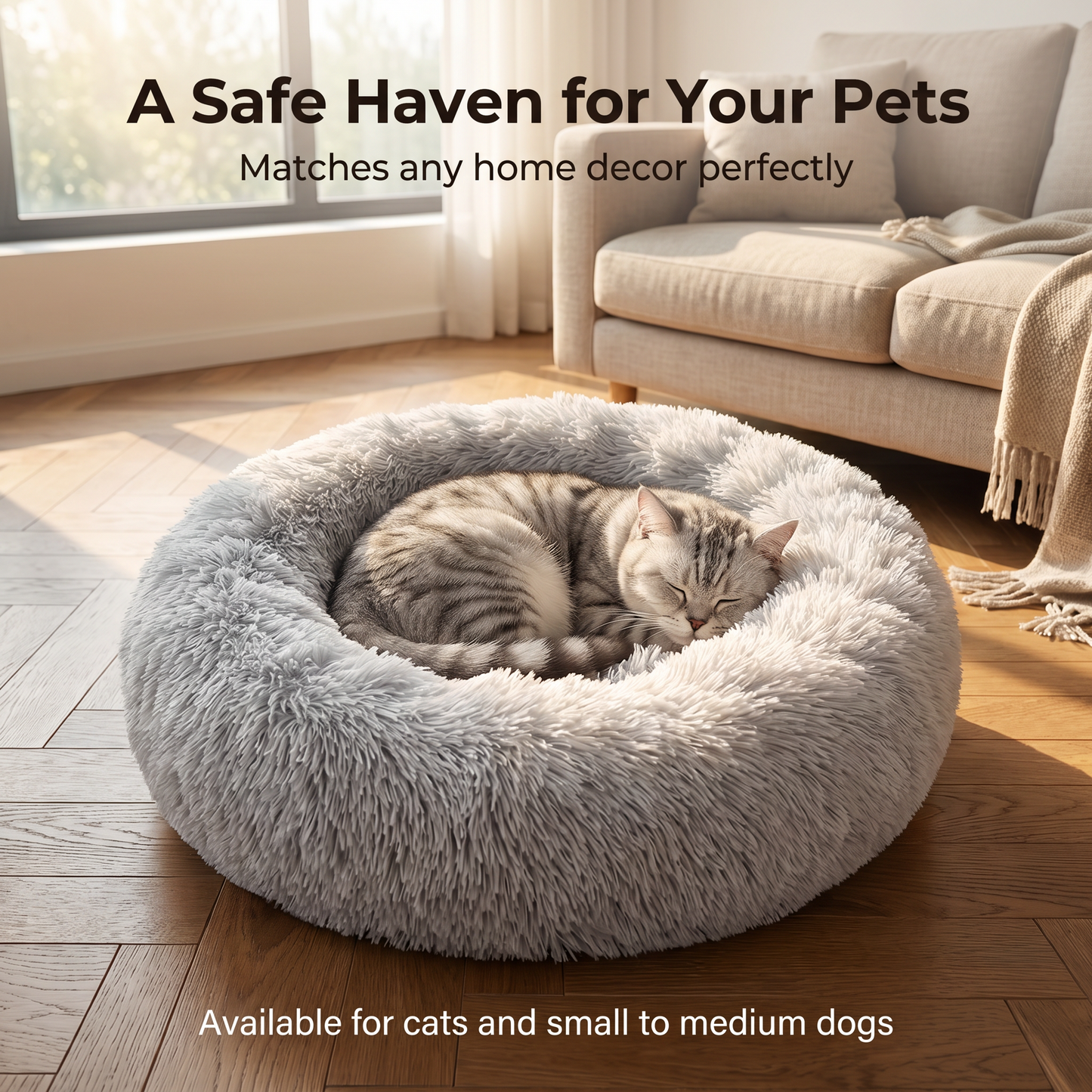 1x Grey Plush Round Pet Bed 50cm 60cm 70cm For Dog Cat