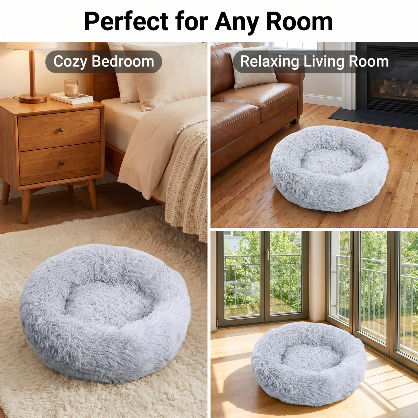 1x Grey Plush Round Pet Bed 50cm 60cm 70cm For Dog Cat