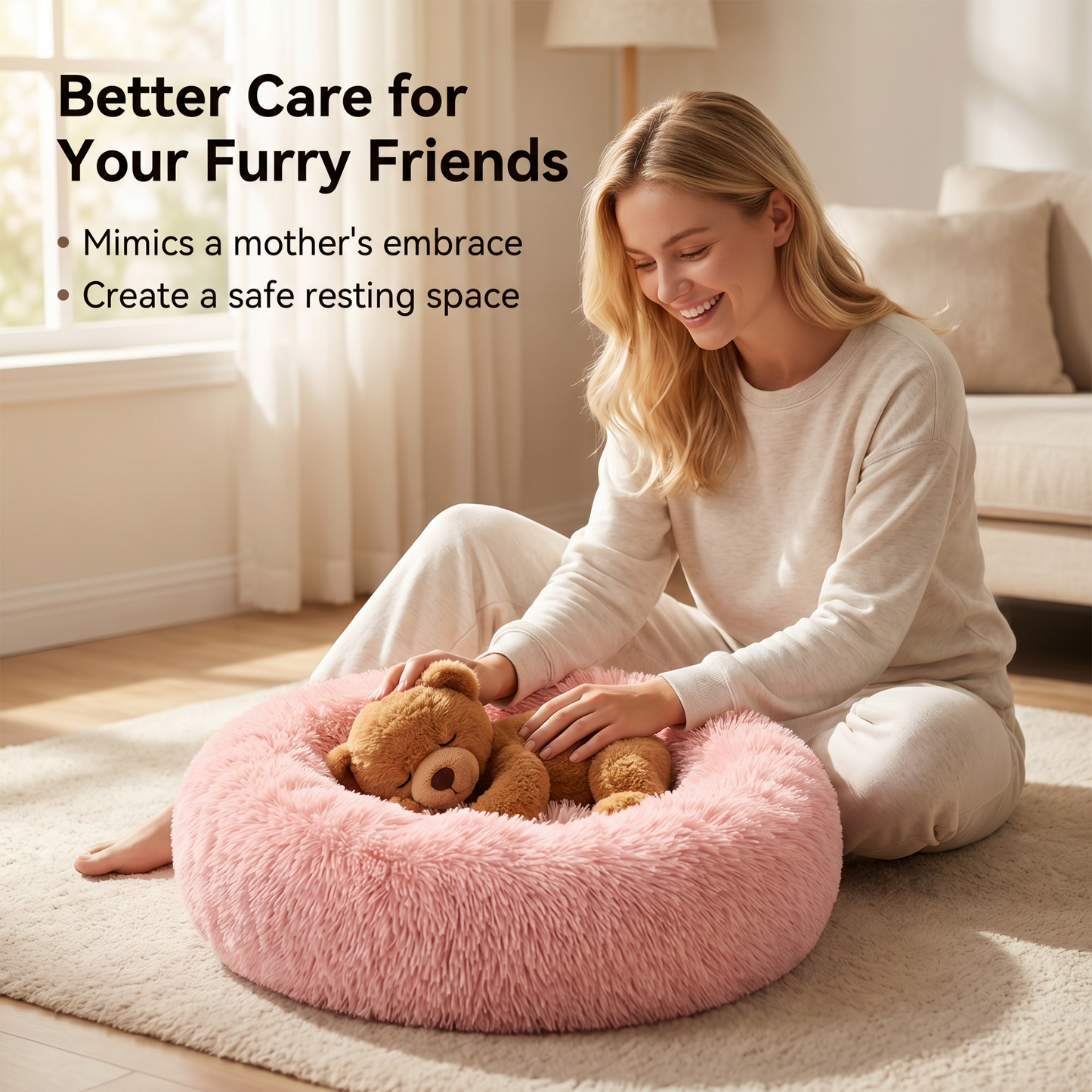 1x Pink Plush Round Pet Bed 50cm 60cm For Dog Cat