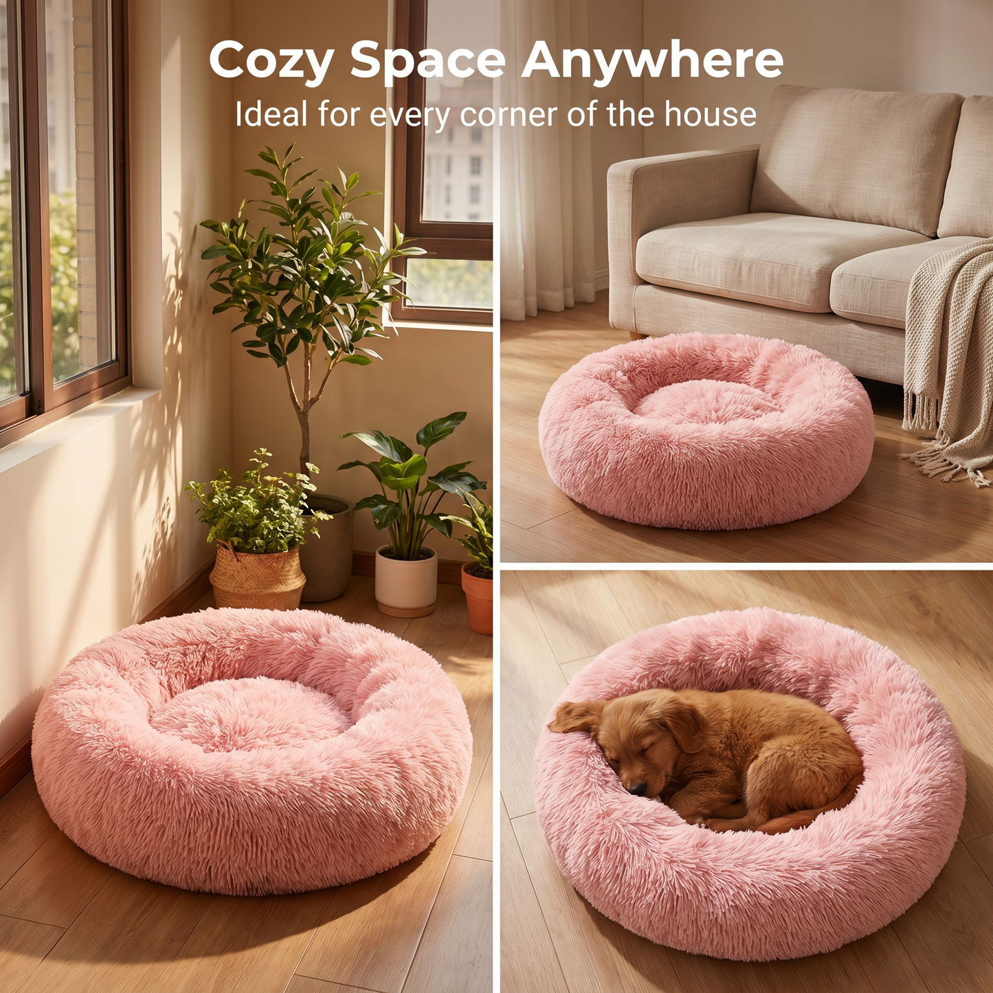 1x Pink Plush Round Pet Bed 50cm 60cm For Dog Cat