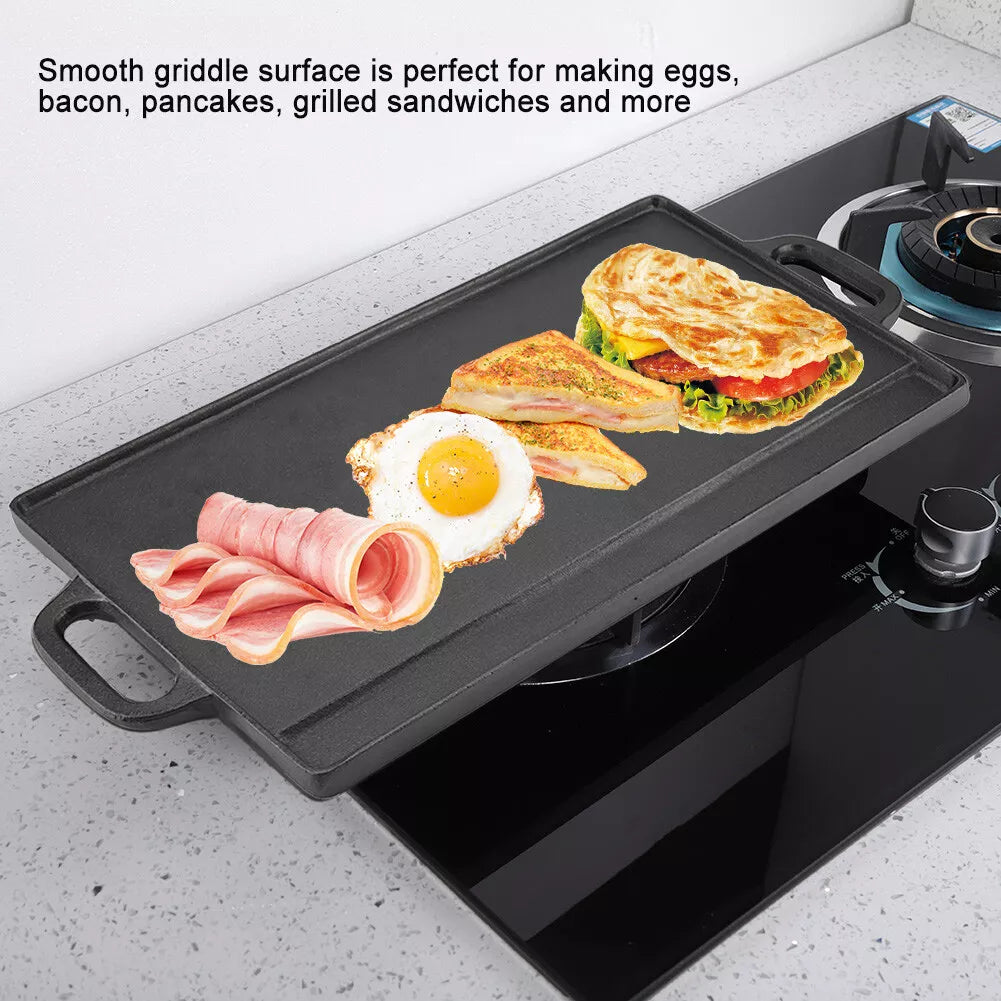 1x Double Sided Cast Iron Griddle 50x23CM, Universal Griddle Pan Compatible with Gas/Electric/Induction Cooktops, Heavy-Duty Large Cooking Pan for Barbecues and Family Meal