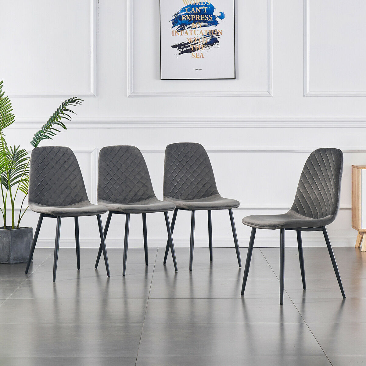 DEJINBU 4x Grey Velvet Dining Chairs Padded Seat Black Metal Legs For Home Cafe Office